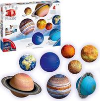 Ravensburger 11668 planetų sistemos 3D dėlionė vaikams nuo 7 metų, 8 rutuliukų planetos kaip Saulės sistemos modelis su plakatu, modelio gamyba be klijavimo.