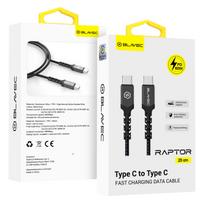 Blavec kabelis Raptor braided – Type C į Type C – PD 60W 3A 0,25 metras (CRA-CC3BG025) juodos spalvos-pilkos spalvos