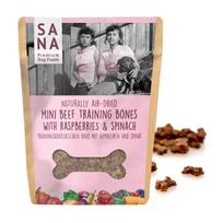Treniruočių skanėstai šunims mini kauliukai Sana Dog su jautiena, avietėmis ir špinatais