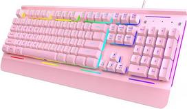 TECKNET RGB rožinė žaidimų klaviatūra kompiuteriui, membraninė klaviatūra su 105 klavišais, metalinė riešo atrama, 15 zonų RGB apšvietimas, 25 "Anti-Ghosting" klavišai, kompiuterio klaviatūra