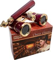 HQRP žiūronai/operos akiniai 3 x 25 cm Vyno raudonos spalvos su aukso spalvos apvadais, su ištraukiama rankena, su naujos technologijos krištolo skaidrumo optika (KKO)