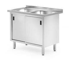 Stalas su 2 kriauklėmis ir spintele stumdomomis durimis – suvirintas, HENDI, Profi Line, 1000x600x(H)850mm