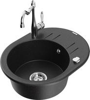 Granitinė virtuvinė plautuvė Mexen Kevin su maišytuvu ir sifonu, Metallic black/silver/Chrome