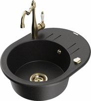 Granitinė virtuvinė plautuvė Mexen Kevin su maišytuvu ir sifonu, Metallic black/silver/Gold