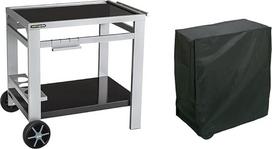 "Cook'in Garden Media M" sodo vežimėlis kepsninei/planui/viryklei - D 93,5 × Š 67 × V 80,5 cm ir "Rayen AA236" apsauginis kepsninės dangtis, stačiakampis, PEVA (polietileno vinilo acetatas), juodas, 90 x 65