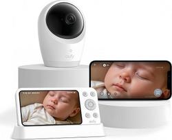 "eufy" kūdikių monitorius su kamera E21, 4K UHD, 5 colių ekranas (720p), hibridinis "WiFi" / išjungtas režimas, programėlės ir monitoriaus valdymas, pasukimo ir pakreipimo funkcija, 8x priartinimas, nešiojama kamera su baterija