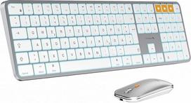 "ProtoArc KM100-A" šviečiančios klaviatūros pelės rinkinys "Mac", "Bluetooth QWERTZ" belaidė klaviatūra su pele, belaidė plokščia klaviatūra, skirta "MacBook Pro", "MacBook Air", "iPhone", "iPad", balta