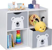 "Relaxdays Bear" vaikiška lentyna, 2 stalčiai, 2 atviri skyriai, aukštis x plotis x gylis: 48 x 60 x 24,5 cm, vaikiška knygų spinta, balta/pilka
