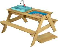 "TP Toys Splash and Play" medinis pikniko stalas su veikiančiu maišytuvu, dubenėliu smėlio ir vandens žaidimams, įvairios paskirties medinis stalas vaikams nuo 2 metų, 130 x 137 x 138 cm