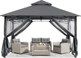 ABCCANOPY 3.35x3.35m Gartenpavillon für Terrasse Doppeldachweichdach Garten Hinterhof-Pavillon mit Netz für Schatten und Regen,Grau