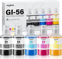 GI-56 rašalo buteliukų rinkinys, suderinamas su "Canon MAXIFY GX7050", "GX6050", "GX5050", "GX4050", "GX3050", "GX5550", "GX6550" spausdintuvais (5 pakuotės, juoda/juoda/žydra/žalsva/geltona)