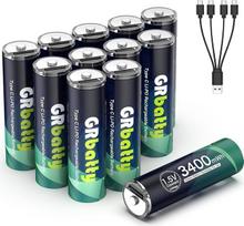 GRbatty USB įkraunamos AA ličio baterijos, 12 v, 1,5 V USB C įkraunamos AA baterijos, 3400 mWh, su "4-in-1" įkrovimo kabeliu, 1 val. greitas įkrovimas