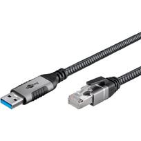 Ethernet-Kabel USB-A 3.2 Gen1 Stecker > RJ-45 Stecker, LAN-Adapter schwarz/silber, 3 Meter, geflochtener Textilmantel