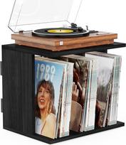 "Emfogoo" vinilo stovas medinė dėžutė sieninė vintažinio stiliaus vinilo spintelė su 3 skyriais vinilo grotuvo stovas talpina iki 100 albumų, skirtų gyvenamajam kambariui, biurui, juoda