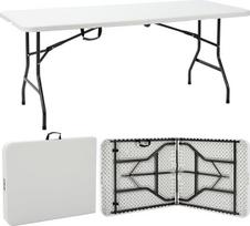 "Velway" sulankstomas sodo stalas, 180 x 76 cm, bufetinis stalas, greito naudojimo sulankstomas stalas 6-8 žmonėms, plastikinis stovyklavimo stalas, vakarėlių stalas su rankena sodui, terasai ir balkonui, sulankstomas baltas