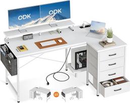 ODK kampinis rašomasis stalas su 4 medžiaginiais stalčiais, 140 x 80 cm, L formos rašomasis stalas su USB įkrovimo prievadu ir lizdu, L formos rašomasis stalas su monitoriaus lentyna, skirtas namų biurui, baltos spalvos