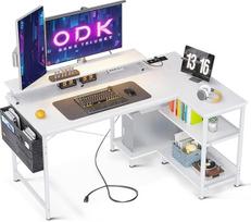 ODK L formos rašomasis stalas, kampinis stalas baltos spalvos su USB įkrovimo prievadu ir lizdu, L formos žaidimų stalas su apverčiama lentyna, L formos kompiuterio stalas su monitoriaus stovu biurui
