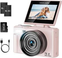 SOPPY 5K skaitmeninis fotoaparatas Foto kamera 75MP Vlogging kamera 3.0 colių 180° apverčiamas ekranas Kompaktiškas fotoaparatas su 64GB atminties kortele, 18x skaitmeninis priartinimas, mini skaitmeninis fotoaparatas berniukams mergaitėms pradedantiesiem