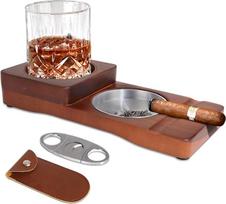 X-BLTU Medinė cigaro peleninė / peleninė su viskio stiklo dėklu ir cigarų laikikliu + 1 nerūdijančio plieno cigaro pjaustytuvas su dėklu, cigaro pjaustytuvas, cigaro pjaustytuvas, dvigubos geležtės žirklės