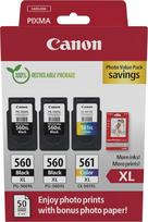 "Canon" PG-560XL x 2 / CL-561XL didelio našumo originalios rašalo kasetės, 3 vnt. (2 x juodos spalvos, 1 x spalvotos); įskaitant 50 lapų 4x6 "Canon" fotopopieriaus - kartono pakuotė