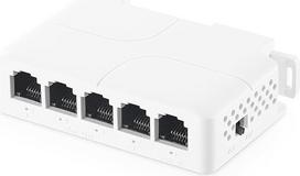 "PoE Passthrough" jungiklis, 1 in 4 Out Extender, IEEE802.3af/at/bt maitinamas 90W, 100Mbps Ethernet, montuojamas ant DIN bėgio ir sienos, Plug and Play