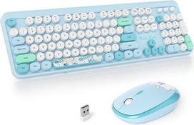 SOLIDEE belaidės klaviatūros ir pelės derinys, retro rašomosios mašinėlės klaviatūra, 2,4 GHz apvali klaviatūra su skaitmenine klaviatūra, 104 ergonomiški klavišai (amerikietiška QWERTY) (Bear Blue)