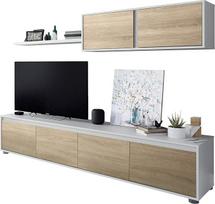 Svetainės TV stovas su keturiomis durimis, sienine spintele ir lentyna, Kanados ąžuolo ir baltos spalvos, matmenys TV stovas 200 x 43 x 41 cm, sieninė spintelė 105 x 35 x 29 cm, lentyna 95 x 3 x 21 cm