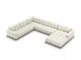 Velvet U formos kampinė sofa - kairė, Mamaia, 7 sėdimos vietos, 327x256x75, šviesiai smėlio spalvos