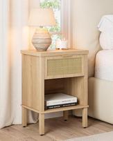 "Apetaccat Rattan Wooden Bedside Table Oak Boho Bedside Table with Drawer and Open Shelf 29 x 39 x 61,5 cm for Bedroom Living Room
