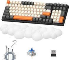 "LexonElec K6" belaidė mechaninė klaviatūra su balto debesies riešo atrama, 100 klavišų, 4000 mAh, laidinė/2,4 GHz/BT 5.0, RGB apšvietimas, suvyniotas laidas žaidimams, "Twilight Blue" jungiklis