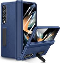"Ruky" dėklas "Samsung Galaxy Z Fold 4" su stovu, apsauginis dėklas su vyrių apsauga, pilnas korpusas su integruota ekrano apsauga, PU odos apsauginis telefono dėklas su stovu "Samsung Galaxy Z Fold 4 5G", mėlynas