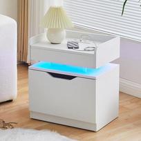 TUKAILAI Naktinis staliukas su LED, balti naktiniai staliukai su 1 dideliu stalčiumi ir įkrovimo stotele, naktinė spintelė su saugykla ir USB įkrovimo prievadu, skirta miegamajam, svetainei, naktiniam staliukui, 35 x 50 x 55,5