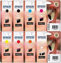 Pilnas rinkinys "Epson" rašalinių kasečių rinkinys, sudarytas iš blizgesio optimizatoriaus dvigubos pakuotės T0870 - foto juodos T0871 - matinės juodos T0878 - žydros T0872 - purpurinės T0873 - geltonos T0874 - raudonos T0877 - oranžinės T0879 - rašalo ka