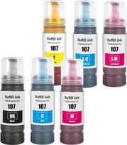 SHUOLEI 107 rašalas, suderinamas su Epson 107 rašalo kasetėmis, skirtomis "EcoTank" ET-18100 (6 pakuotės, juoda/juoda/žydra/mentinė/geltona/šviesiai žydra/šviesiai purpurinė)
