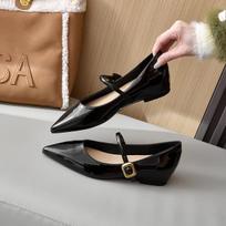Sheepskin version~ 5cm small inner height increase French one-word buckle with patent leather Mary Jane shoes women's pointed head shallow mouth si 34 juoda