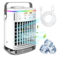 Nešiojamas mini oro aušinimo ventiliatorius LIVMAN CF-006 su USB maitinamu 4 reguliuojamais greičiais, 2 aušinimo režimais, 7 spalvų LED naktiniu apšvietimu, laiko valdymo funkcija ir 700ml vandens baku