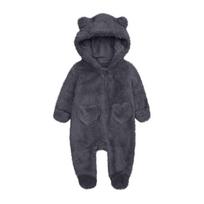 Baby Plush Warm One-Piece Bear Hooded Zipper Children's Solid Color Sleepsuit 66