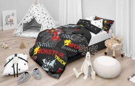 Vaikiškas patalynės komplektas CREYA MONSTER TRUCK 3D, 140 x 200 cm, 50 x 70 cm, 100% medvilnės