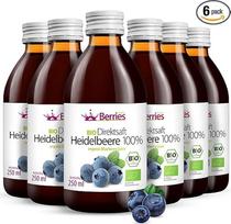 Ekologiškos mėlynių sultys, 6 vnt. (6 x 250 ml), ekologiškos grynos tiesioginės mėlynių sultys, 100 %, šalto spaudimo mėlynių sultys, be GMO, be konservantų, be pridėtinio cukraus, veganiškos, ekologiškos, BerriesPolska®