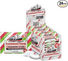 Fisherman's Friend Strawberry and Lime, 24 saugojimo dėžutė, išskirtinis braškių, liepų ir mentolio skonio rinkinys, be cukraus ir veganiškas, saldainiai gaiviam burnos kvapui, 24 x 25 g