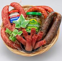 ZinksWurst dešros mėsos dovanų rinkinys, vyriškos dešros krepšelis, vyriškos dešros dovanų krepšelis, sotūs dešros patiekalai su pipirais Bitter Debrecziner Bratwurste kumpiu krienais ir kukurūzais, tėčio dovana