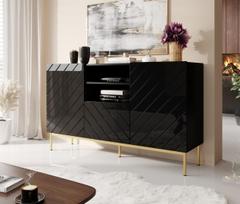 ABETO komoda ant auksinio plieno rėmo 150x42x90 juoda/juodas blizgus