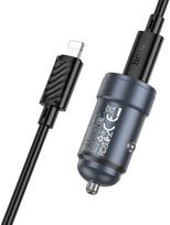 Automobilinis įkroviklis Hoco USB C QC3.0 PD 30W + laidas USB C - Lightning Z57 metalinis pilkas