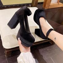 Hot Selling Mary Janes Shoes Women Suede Luxury High Heel Lace Up Trend Lolita Shoes Elegant Chunky Party Pumps Zapatos De Mujer 35