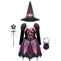 Kids Girls Witch Costume Cosplay Party Fancy Dress up Tutu Dress with Pointed Hat Wand Candy Bag Outfits 4-5 Years juoda