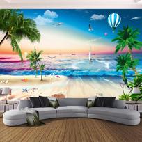 3D paplūdimio sienų freskos, kokosų palmės, tapetai, paplūdimys, jūros paukščiai, burlaivis, sienų freskos, svetainė, miegamasis, tapetai 200 cm(W) x 140 cm(H)