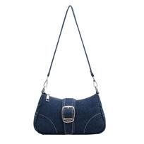 Denim Shoulder Bag Trendy Chain Underarm Purse Women's Buckle Baguette Bag CLE tamsiai mėlyna spalva