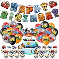 39 vnt. „Cars“ vakarėlio dekoracijos, apimančios vėliavėlę, balionus, torto papuošimus vaikams