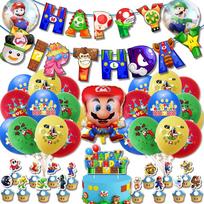 Super Mario Gimtadienio vakarėlio reikmenys apima banerį, keksiukų papuošimus, balionus