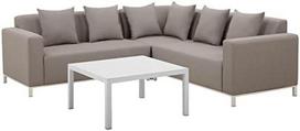 Beliani Sodo kampinė sofa su staliuku 5 asmenims BELIZE dešininė smėlio spalvos modulinė
